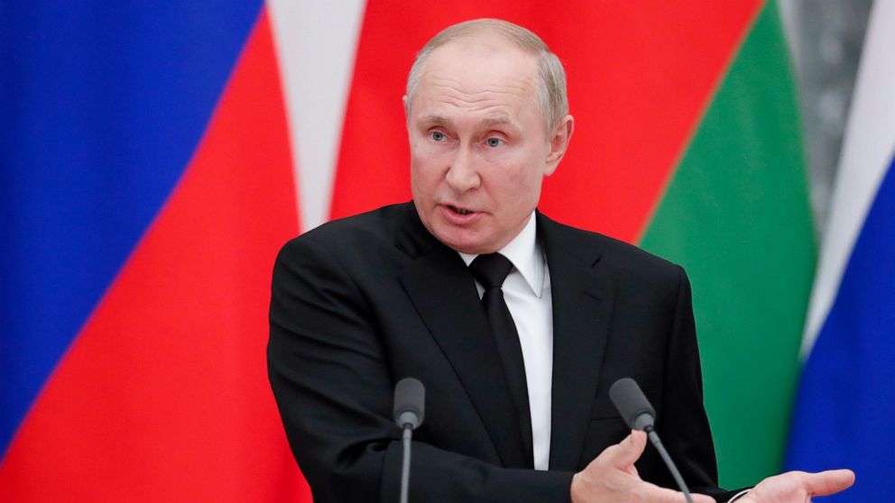 Russian President Vladimir Putin speaks during a joint press conference with Belarusian President Alexander Lukashenko in the Kremlin in Moscow, Russia, Thursday, Sept. 09, 2021. The presidents of Russia and Belarus say they have made significant pro