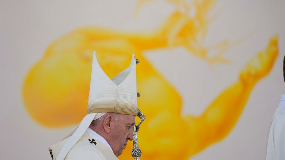 Pope Francis arrives to celebrate a Mass in the esplanade of the National Shrine in Sastin, Slovakia, Wednesday, Sept. 15, 2021. Pope Francis celebrates an open air Mass in Sastin, the site of an annual pilgrimage each September 15 to venerate Slovak