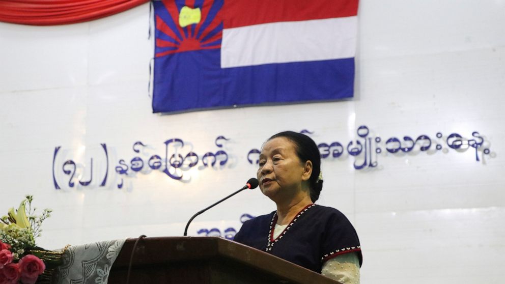 FILE - Former Karen State Chief Minister Nan Khin Htwe Myint delivers her speech during the 72nd Karen National Day celebration on Feb. 11, 2020, in Karen State, Myanmar. A court in Myanmar sentenced two members of ousted leader Aung San Suu Kyi's po
