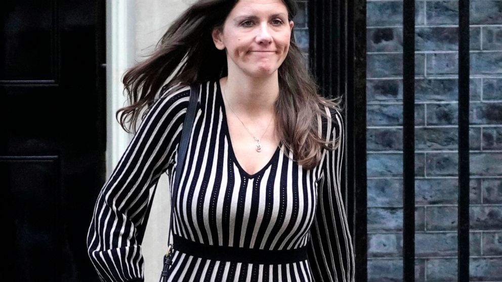 FILE - Britain's Secretary of State for Digital, Culture, Media and Sport Michelle Donelan leaves after a cabinet meeting at 10 Downing Street in London, Tuesday, Oct. 18, 2022. The British government has abandoned a plan to force tech firms to remov