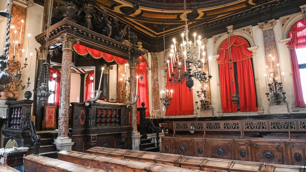 Interiors of the Spanish Schola Synagogue in Venice, northern Italy, are seen in this picture taken on Wednesday, June 1, 2022. The Spanish Schola, founded about 1580, but rebuilt in the first half of the 17th century, is the biggest of the Venetian 