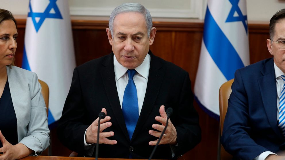 Israeli Prime Minister Benjamin Netanyahu attends the weekly cabinet meeting at his office in Jerusalem, Israel, Sunday, Dec. 1, 2019. (Abir Sultan/Pool Photo via AP)