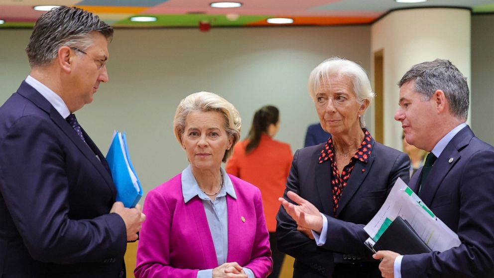 From left, Croatia's Prime Minister Andrej Plenkovic, European Commission President Ursula von der Leyen, European Central Bank President Christine Lagarde and Ireland's Finance Minister Paschal Donohoe during a round table meeting at an EU summit in