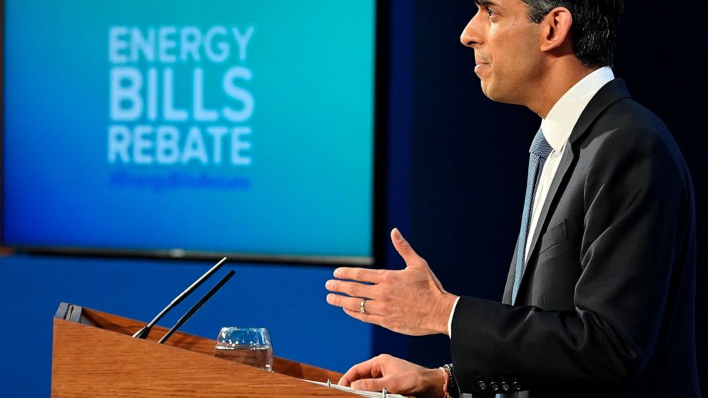 FILE - Britain's Chancellor of the Exchequer Rishi Sunak holds a press conference in the Downing Street briefing room, London, Thursday Feb. 3, 2022. Sunak ran for Britain’s top job and lost. Now he’s back with a second chance to become prime ministe