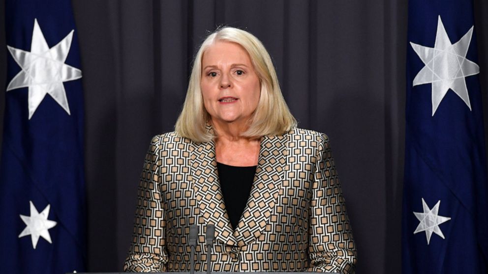 Australian Home Affairs Minister Karen Andrews address a press conference at Parliament House in Canberra, Australia, Wednesday, Nov. 24, 2021. Australian intends to add far-right extremist group The Base and the entirety of Hezbollah to its list of 
