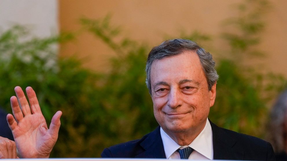FILE -- Italian Premier Mario Draghi, leaves after paying his respects to the body of late Italian journalist Eugenio Scalfari, lied in state in Rome's Capitol Hill , Friday, July 15, 2022. Italy has seen dozens of governments since the end of World 