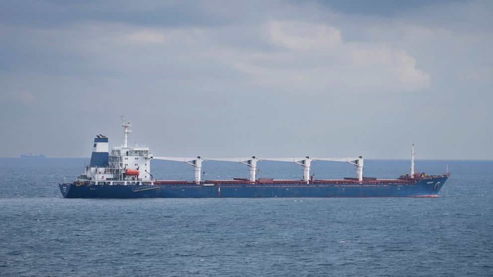 The cargo ship Razoni is anchored at the entrance of the Bosphorus Strait in Istanbul, Turkey, Wednesday, Aug. 3, 2022. The first cargo ship to leave Ukraine since the Russian invasion was anchored at an inspection area in the Black Sea off the coast