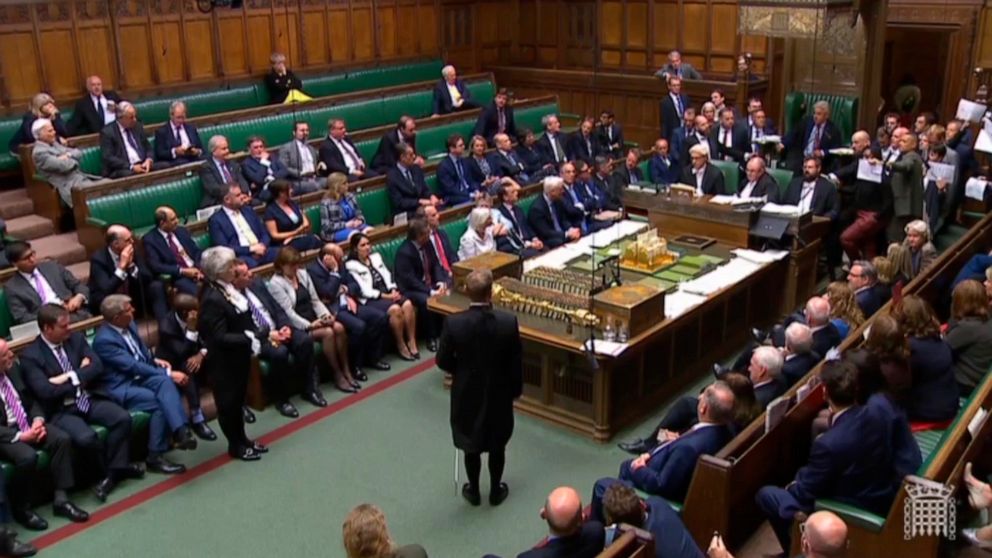 In this image made from video, British lawmakers stage a protest in the House of Commons before prorogation of Parliament, in London, Tuesday Sept. 10, 2019. The British government has formally suspended Parliament, sending lawmakers home for five we