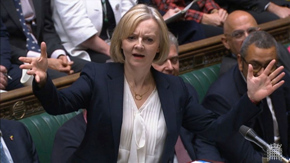 In this grab taken from video from the House of Commons, Prime Minister Liz Truss speaks during Prime Minister's Questions in the House of Commons in London, Wednesday Oct. 19, 2022. (House of Commons/PA via AP)
