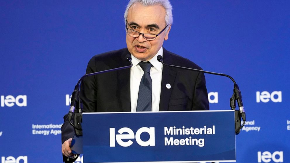 FILE - IEA Executive Director Fatih Birol delivers his speech at the opening session of the International Energy Agency (IEA) ministerial meeting, March 23, 2022 in Paris. Birol and Ukraine's Minister of Energy German Galushchenko have signed today, 