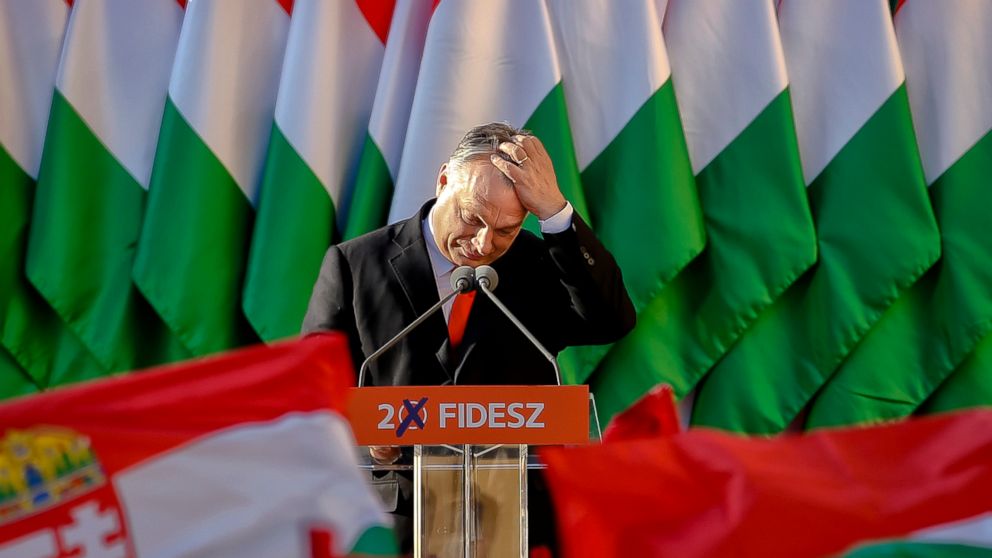 FILE - In this Friday, April 6, 2018, file photo, Prime Minister Viktor Orban's pauses while delivering a speech during the final electoral rally of his Fidesz party in Szekesfehervar, Hungary. As the Hungarian prime minister’s conflicts with the Eur