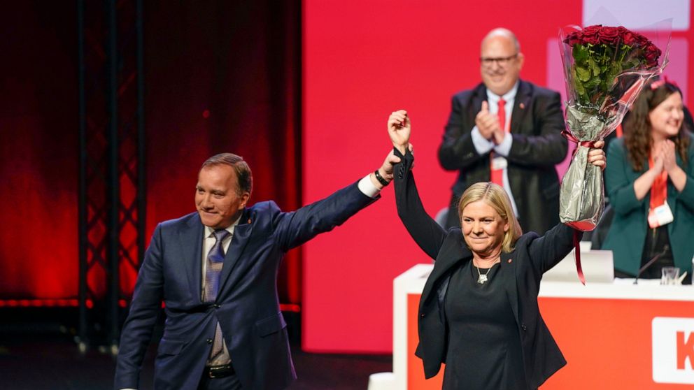 Sweden's Minister of Finance Magdalena Andersson is congratulated by her predecessor Prime Minister Stefan Löfven, after being elected to party chairman of the Social Democratic Party at the Social Dedmocratic Party congress in Gothenburg, Sweden, Th