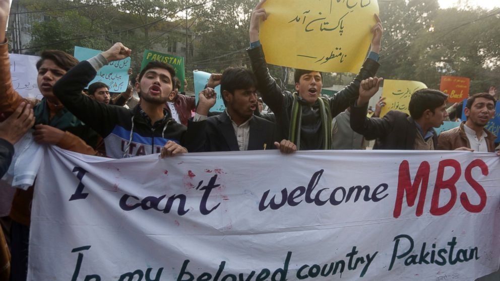 Pakistani protesters rally to condemn a visit of Saudi Arabia's Crown Prince to Pakistan, in Lahore, Pakistan, Friday, Feb. 15, 2019. Pakistan said Wednesday that Crown Prince Mohammed bin Salman will arrive in Islamabad later this week on an officia