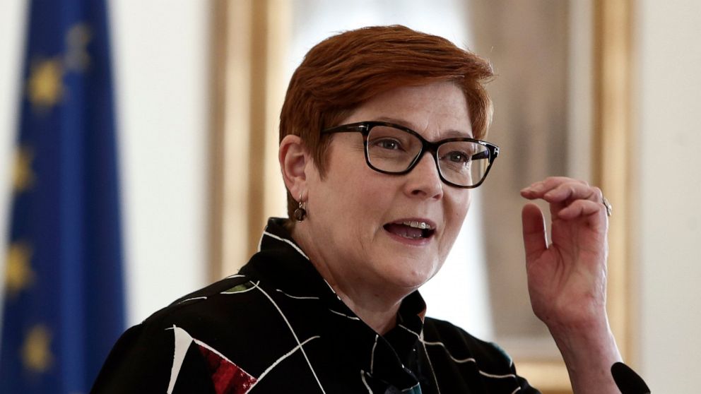 Australian Foreign Minister Marise Payne makes statements after a meeting with her Greek counterpart Nikos Dendias, right, in Athens, Greece, Wednesday, Dec. 8, 2021. The foreign minister of Australia, launching a European tour in Athens Wednesday, w