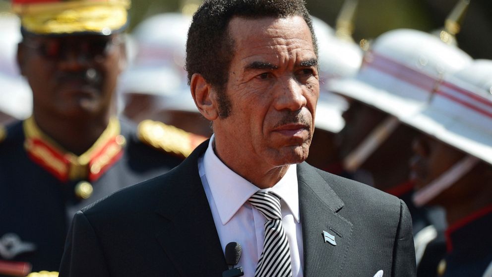FILE - President Ian Khama attends a swearing-in ceremony for a second and final term as Botswana president at the National Assembly buildings in Gaborone, Botswana, on Oct. 28 2014. An arrest warrant has been issued on Dec. 29, 2022 in Botswana for 
