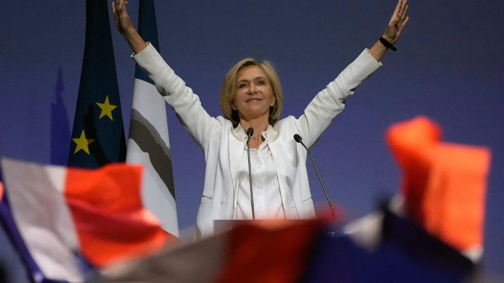 Valerie Pecresse, candidate for the French presidential election 2022, waves after delivering a speech during a meeting in Paris, France, Saturday, Dec. 11, 2021. The first round of the 2022 French presidential election will be held on April 10, 2022