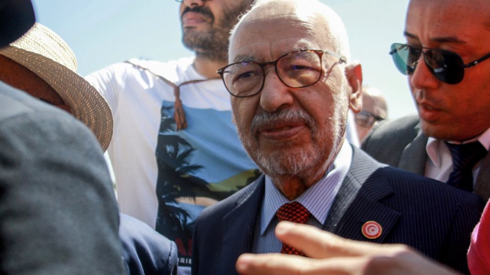 Leader of the Ennahdha party Rached Ghannouchi arrives at Tunisia's anti-terrorism unit in Tunis, Tunisia, Tuesday, July 19, 2022. The leader of Tunisia's main opposition party is due to be questioned by the country's anti-terrorism unit on Tuesday o