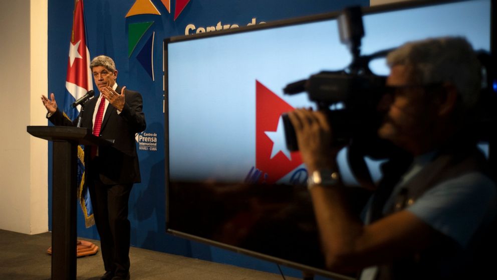 Cuban vice-Foreign Affairs Minister Carlos Fernandez de Cossío speaks during a press conference in Havana, Cuba, Tuesday, Nov. 15, 2022. Officials from Cuba and the United States met Tuesday in Havana to discuss immigration issues, a topic of special