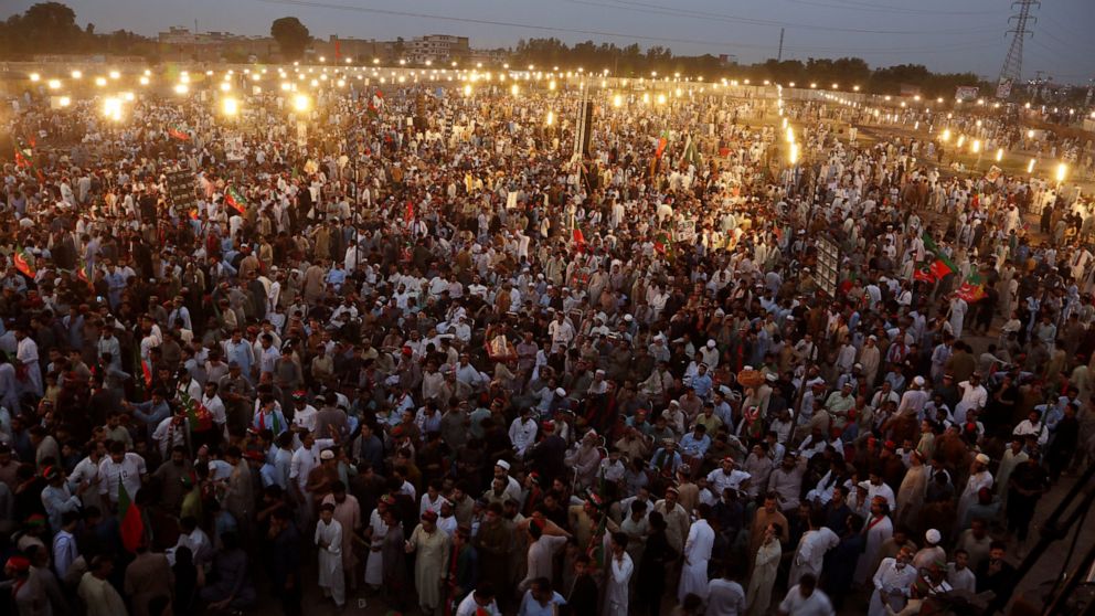 Supporters of Pakistani opposition leader Imran Khan's Tehreek-e-Insaf party attend a rally, in Peshawar, Pakistan, Tuesday, Sept. 6, 2022. Since he was toppled by parliament five months ago, former Prime Minister Imran Khan has demonstrated his popu