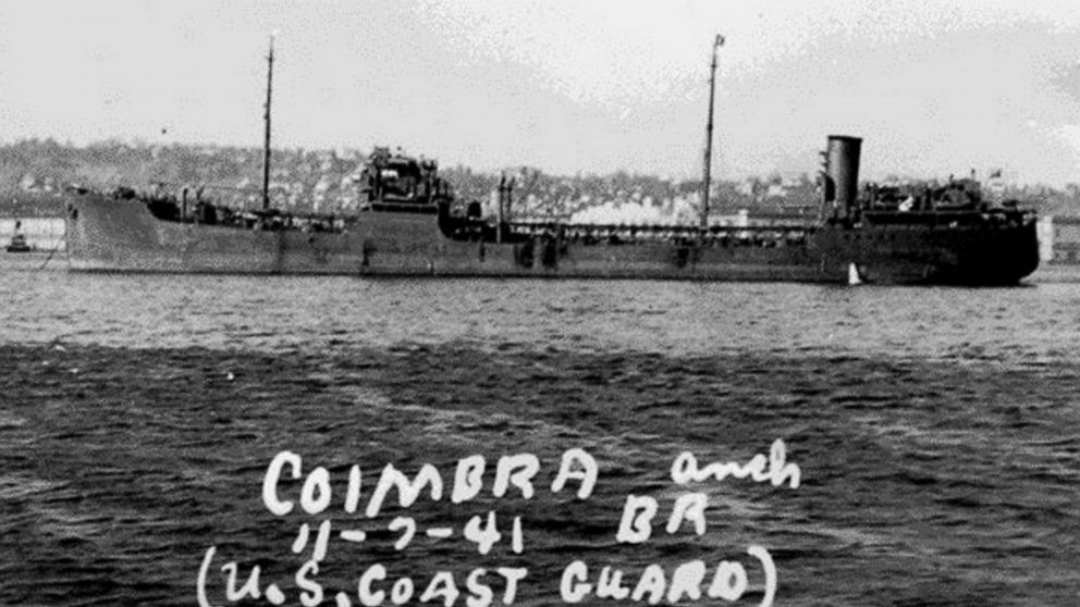 This Nov. 7, 1941 image provided by the U.S. Coast guard shows the British oil tanker Coimbra. The Coimbra was torpedoed by a German U-boat in January 1942 off the coast of New York, killing 36 officers and crew members aboard. The Coast Guard said i