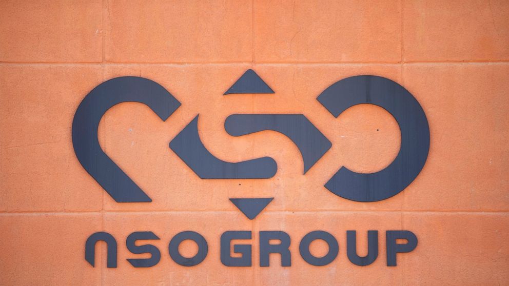 FILE - A logo adorns a wall on a branch of the Israeli NSO Group company, near the southern Israeli town of Sapir, Aug. 24, 2021. The Israeli spyware maker NSO Group is turning to the U.S. Supreme Court as it seeks to head off a high-profile lawsuit 