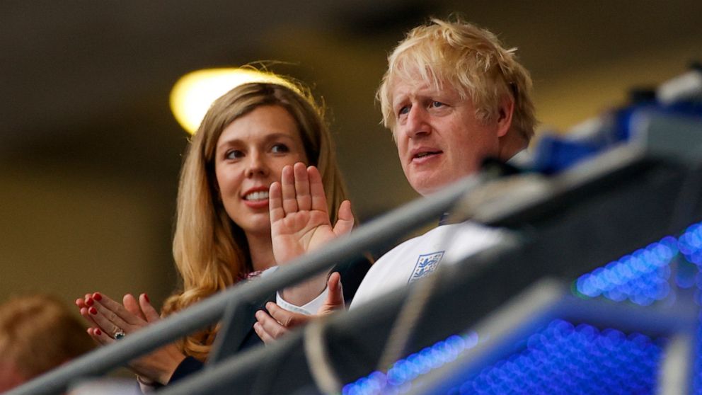 British Prime Minister Boris Johnson and his wife Carrie watch the Euro 2020 soccer championship final between England and Italy at Wembley stadium in London, Sunday, July 11, 2021. (John Sibley/Pool Photo via AP)