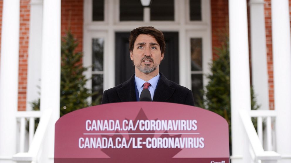 Prime Minister Justin Trudeau addresses Canadians on the COVID-19 pandemic from Rideau Cottage in Ottawa, Canada, Thursday, March 26, 2020. The new coronavirus causes mild or moderate symptoms for most people, but for some, especially older adults an