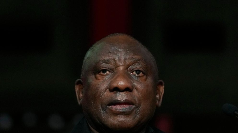 President of ruling African National Congress (ANC) and South Africa President Ramaphosa delivers his closing speech for the 6th National Policy Conference in Johannesburg, South Africa, Sunday, July 31, 2022. (AP Photo/Themba Hadebe)