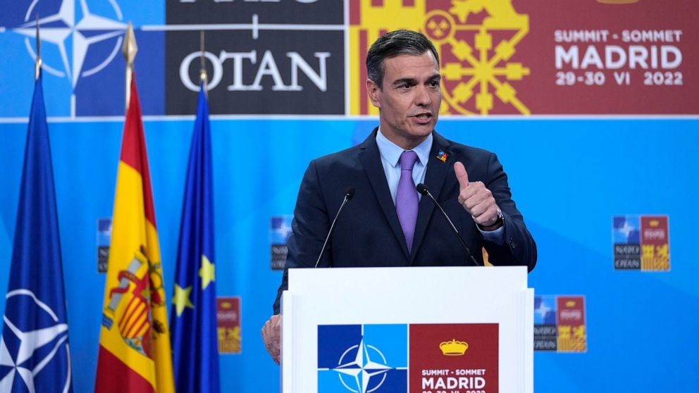 Spanish Prime Minister Pedro Sanchez speaks during a media conference at the end of a NATO summit in Madrid, Spain on Thursday, June 30, 2022. North Atlantic Treaty Organization heads of state met for the final day of a NATO summit in Madrid on Thurs