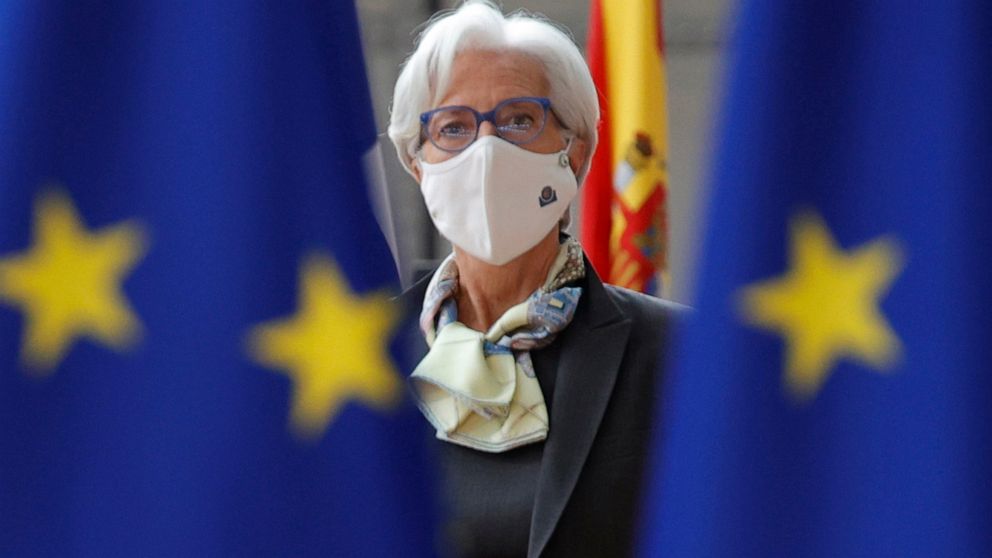FILE - In this June 25, 2021 file photo, European Central Bank President Christine Lagarde arrives for an EU summit at the European Council building in Brussels. The European Central Bank is facing the highest inflation in more than a decade and slow