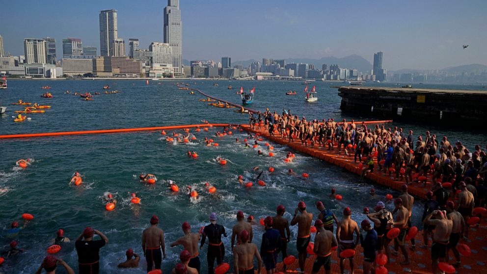 Swimmers race across Hong Kong's Victoria Bay