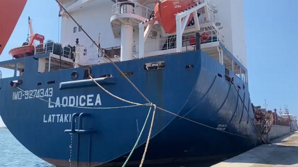 FILE - This frame grab from a video, shows a Syrian cargo ship Laodicea docked at a seaport, July 29, 2022, in Tripoli, north Lebanon. The office of Lebanon’s prosecutor general Tuesday, Aug. 1, 2022, allowed a Syrian ship said to be carrying Ukraini
