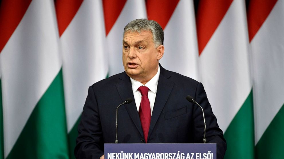 Hungarian Prime Minister Viktor Orban delivers his annual 'State of Hungary' speech in the Varkert Bazaar conference hall of Budapest, Hungary, Sunday, Feb. 16, 2020. (Zsolt Szigetvary/MTI via AP)