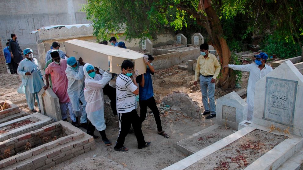 FILE - In this Jan. 6, 2020 file photo, rescue workers and family members carry the casket of Khursheed Bibi, who died due to coronavirus, for her burial at a cemetery in Hyderabad, Pakistan. Pakistan ranks among countries hardest hit by the coronavi