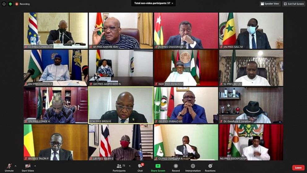 This screenshot released by the Economic Community of West African States (ECOWAS) shows West African leaders participating by video conference call in the Extraordinary Summit of the ECOWAS Authority of Heads of State and Government on the Socio-Pol