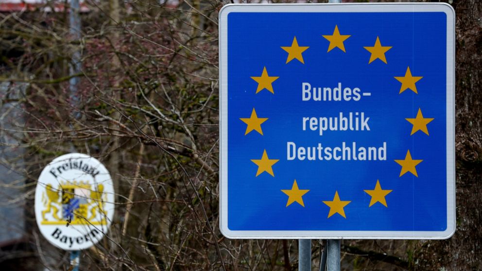FILE - A German border sign stands at the Austrian-German border in Sachrang, Germany, Thursday, Dec. 10, 2020. Germany says it will temporarily introduce some border controls as the country gets ready to host the Group of Seven summit later this mon