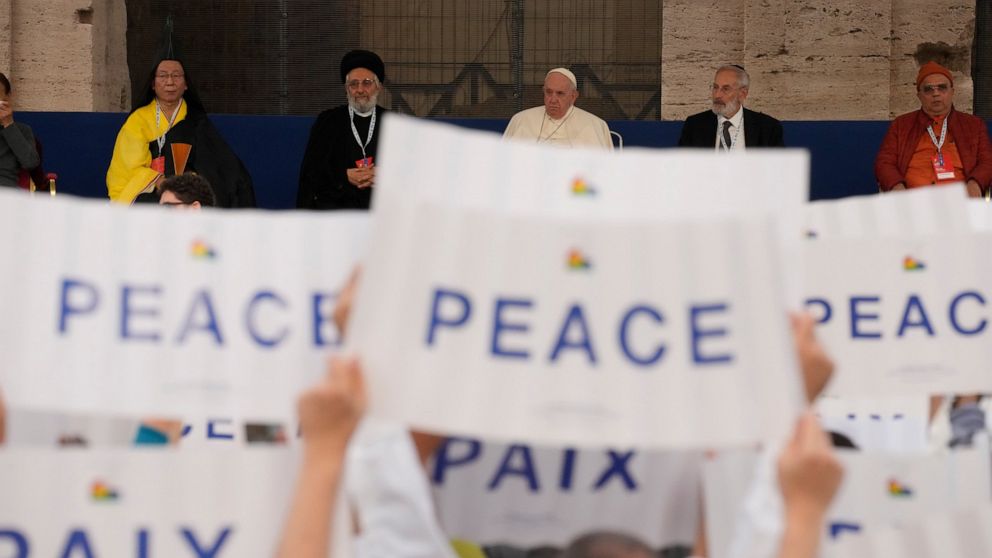 Pope Francis attends with Christian leaders the last day of the "Cry for peace" (Il grids della pace) international conference for peace organized by the Community of Sant'Egidio in front of Rome's Colosseum, Tuesday, Oct. 25, 2022. (AP Photo/Andrew 