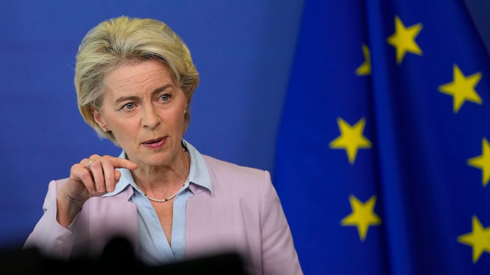 European Commission President Ursula von der Leyen speaks during a media conference at EU headquarters in Brussels, Wednesday, Sept. 7, 2022. European Union countries should set a price cap on Russian gas and seek "solidarity contribution" from Europ