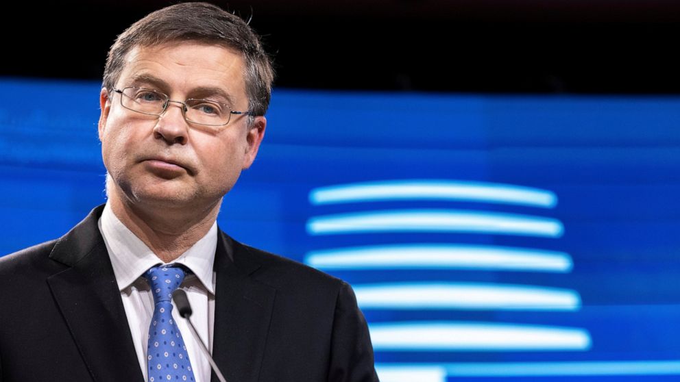 FILE - EU Trade Commissioner Valdis Dombrovskis speaks during a press conference in Brussels, on Dec. 7, 2021. The European Union said Thursday, Jan. 27, 2022 that it has launched action against China at world trade's governing body for discriminator