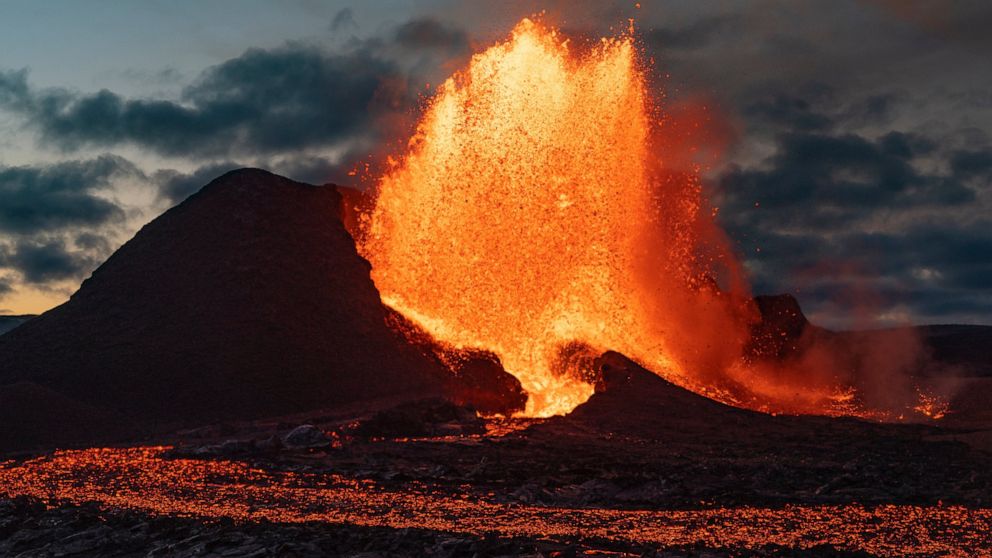 Lava flows from an eruption of the Fagradalsfjall volcano on the Reykjanes Peninsula in southwestern Iceland on Tuesday, May 11, 2021. (AP Photo/Miguel Morenatti)