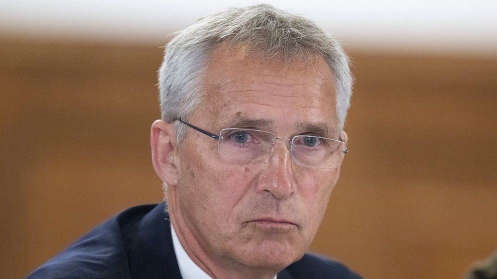 NATO Secretary General Jens Stoltenberg arrives for the Ukraine Conference at the U.S. Ramstein Airbase, Germany, Thursday, Sept. 8, 2022. (Boris Roessler/dpa via AP)
