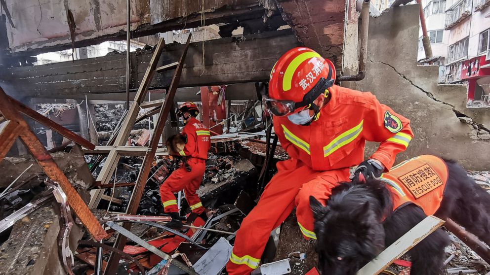 In this photo released by Xinhua News Agency, rescue workers using sniffer dogs to search for survivors in the aftermath of a gas explosion in Shiyan city in central China's Hubei Province on Sunday, June 13, 2021. At least a dozen people were killed