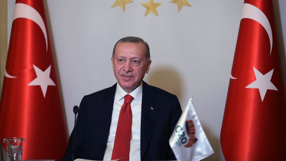 Turkey's President Recep Tayyip Erdogan addresses the leaders of the G20 Leaders' Summit with an introductory video message from his Vahdettin Pavilion, in Istanbul, Saturday, Nov. 21, 2020. Saudi Arabia is hosting the virtual meeting of G-20 leaders