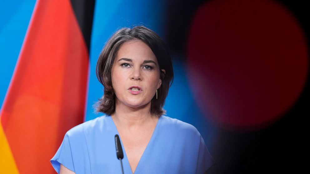 German Foreign Minister Annalena Baerbock, briefs the media after a meeting with her counterpart from Slovenia Tanja Fajon at the foreign ministry in Berlin, Germany, Friday, July 1, 2022. (AP Photo/Markus Schreiber)
