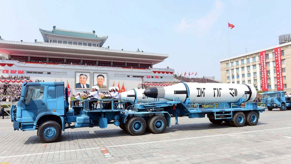FILE - In this Saturday, April 15, 2017, file photo distributed by the North Korean government, Polaris submarine launched ballistic missiles (SLBM) are paraded to celebrate the 105th birth anniversary of Kim Il Sung, the country's late founder, in P