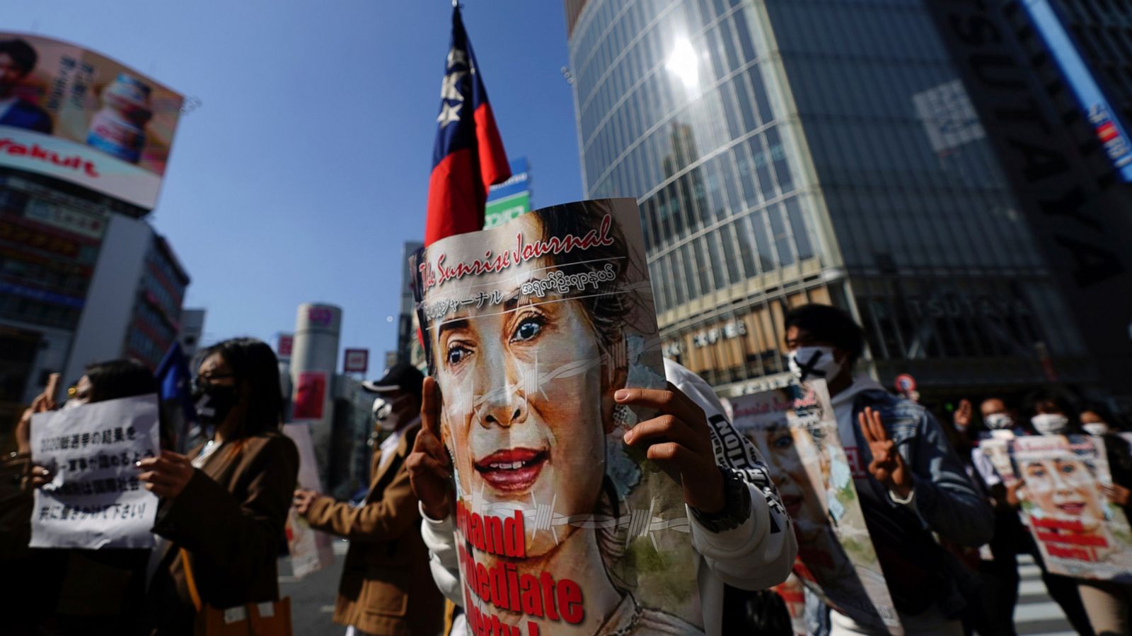 Burmese In Japan March In Protest Of Military Coup Abc News