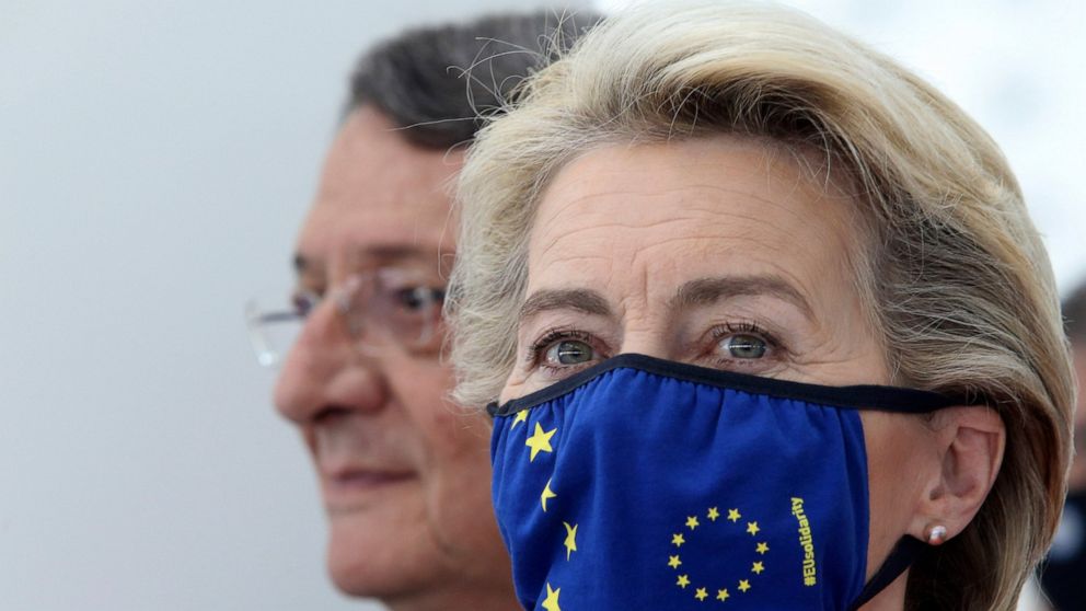 European Commission president Ursula von der Leyen, right, and Cyprus President Nicos Anastasiades are seen during a presentation event for the Cyprus Recovery and Resilience Plan at the University of Cyprus, in Nicosia, on July 8, 2021. Leyen is in 