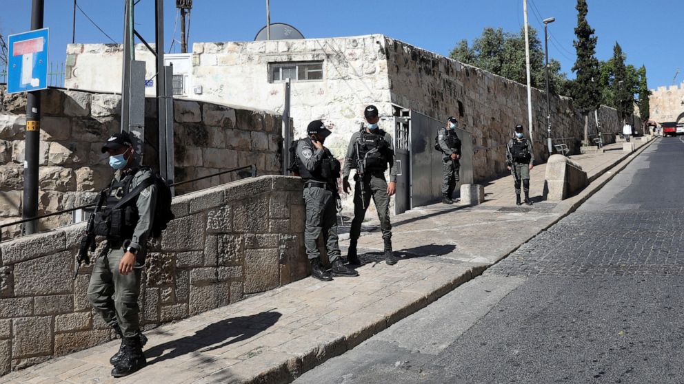 Israeli police officers secure the area of Lion's gate in Jerusalem's Old City, Saturday, May 30, 2020. Israeli police shot dead a Palestinian near Jerusalem's Old City who they had suspected was carrying a weapon but turned out to be unarmed. (AP Ph