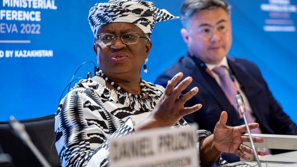 Director-General of the World Trade Organisation (WTO) Ngozi Okonjo-Iweala, left, and Timur Suleimenov, Chair of the 12th Ministerial Conference attend a press conference before the opening of the 12th Ministerial Conference at the headquarters of th
