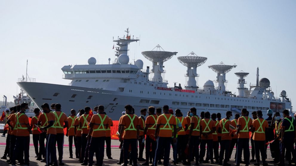 Yuan Wang 5, a Chinese scientific research ship, arrives at the port in Hambantota, Sri Lanka, Tuesday, Aug. 16, 2022. The ship, whose port call was earlier deferred due to apparent security concerns raised by India, was to arrive originally on Aug. 